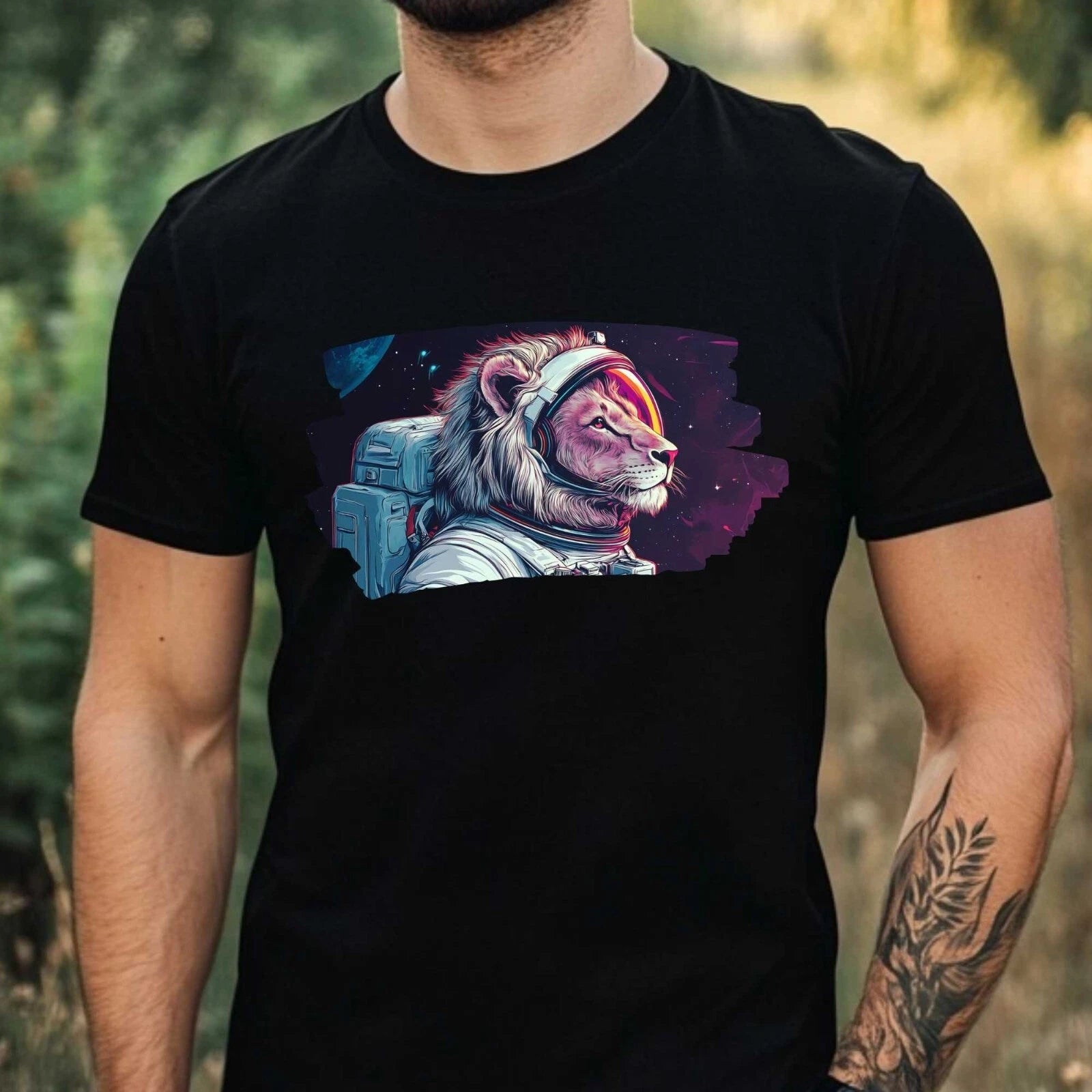Mens Lion as Astronaut Print Cotton T-Shirt Size XS to 5XL