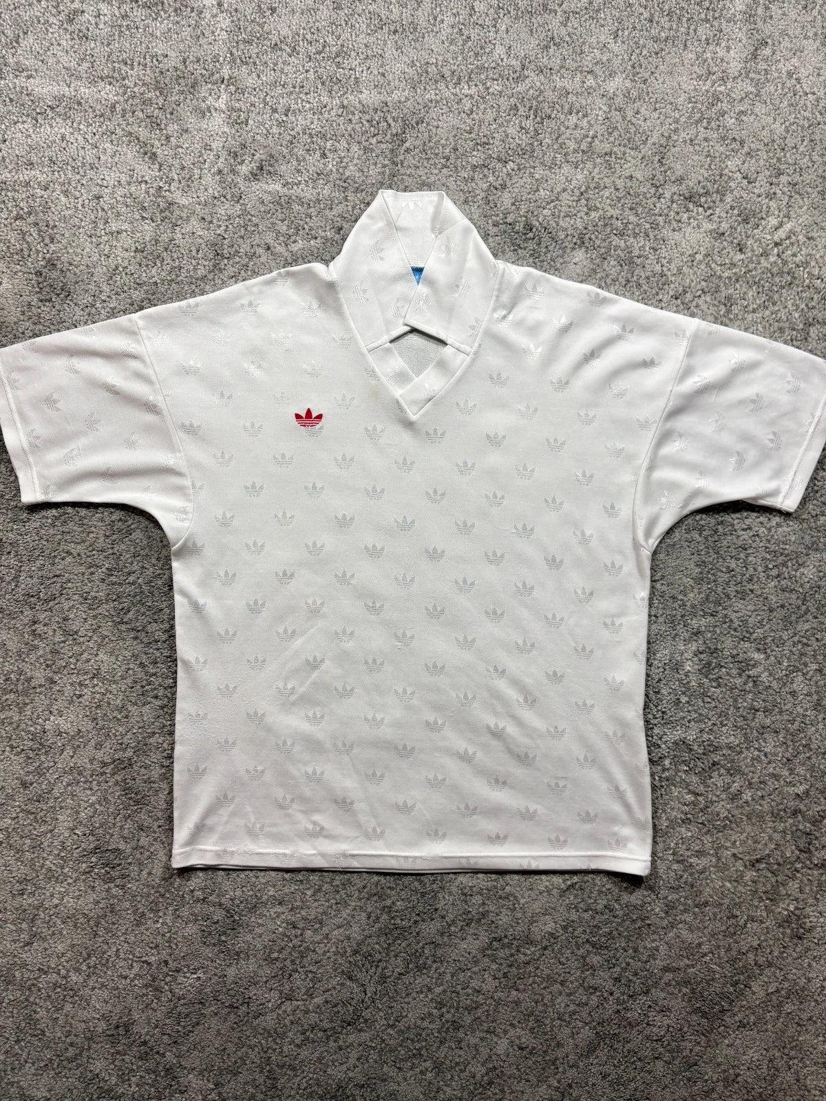 Adidas Trefoil Allover Jacquard Vintage 80s Football Shirt White Archive L