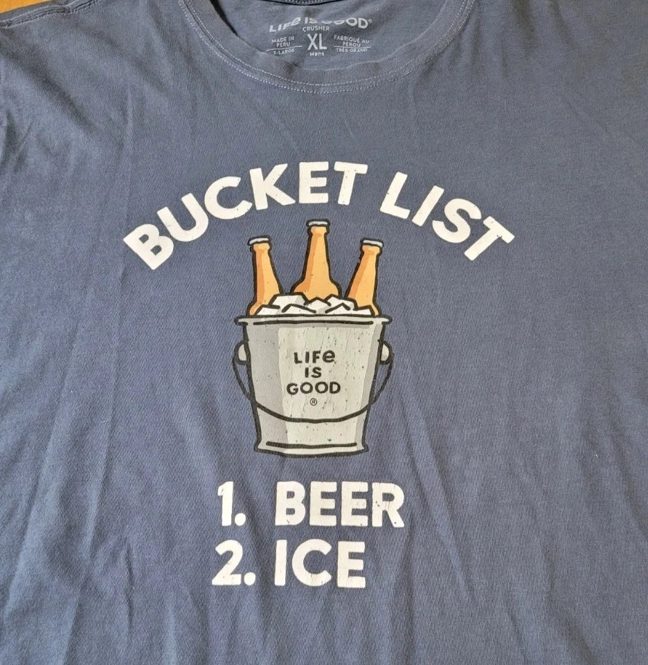 Life Is Good Bucket List Beer Ice T Shirt Crusher Tee Men's Size XL Blue