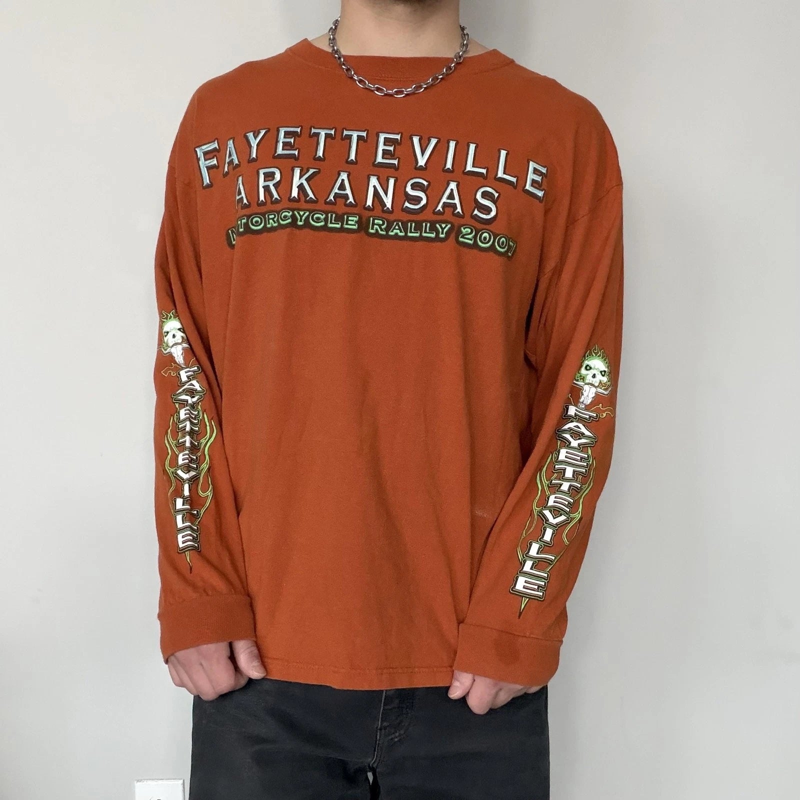 Y2K Biker Long Sleeve Shirt Fayetteville Arkansas XL Orange Motorcycle Skull
