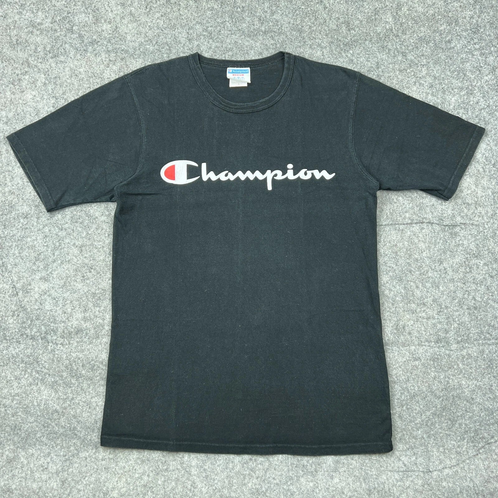 Champion Shirt Mens Medium Black Short Sleeve Cotton Tee Casual Y2K 90s