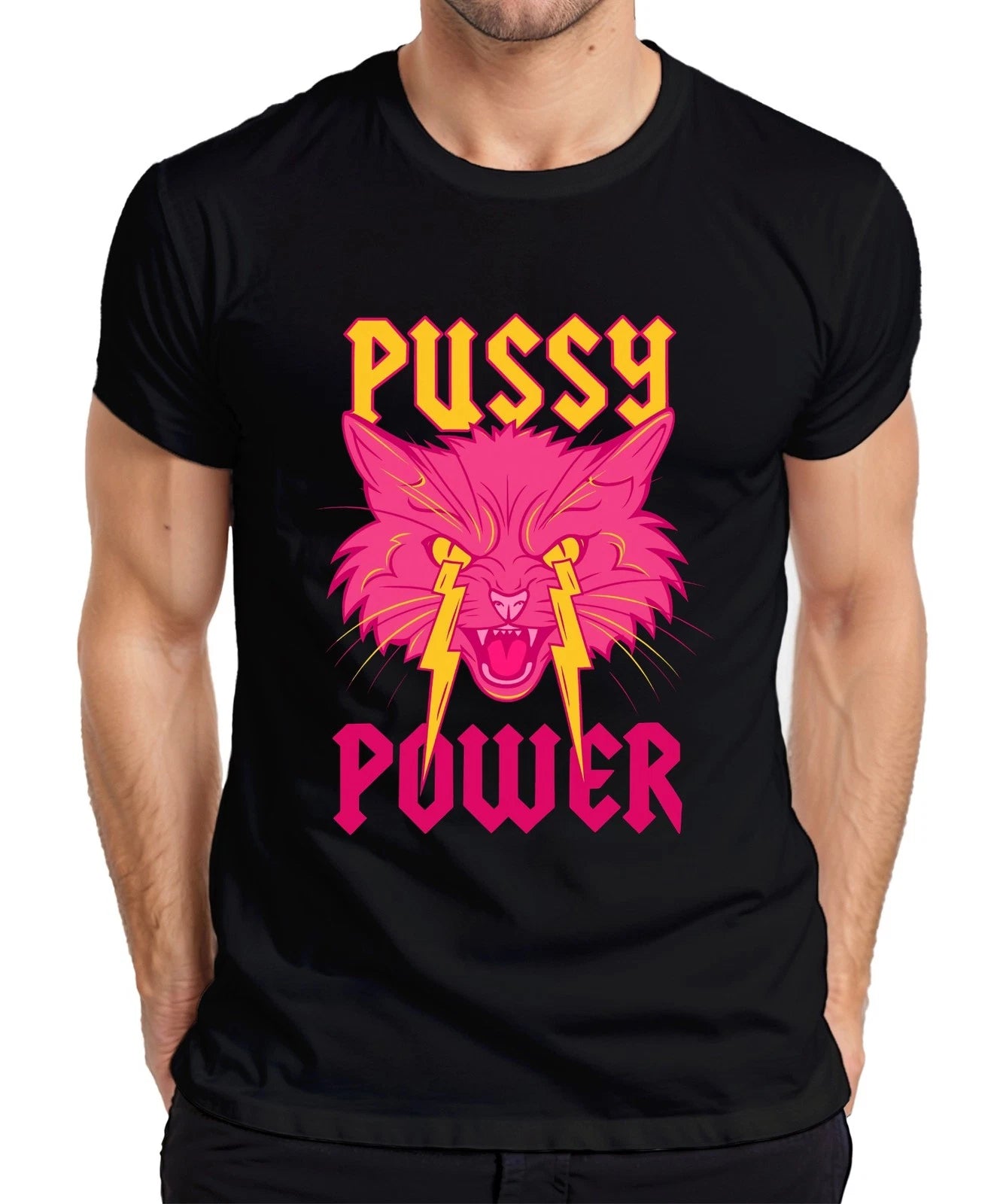 Pussy Power Women Power Cat Lightning Neon Punk Retro Feminism Mens T-Shirt