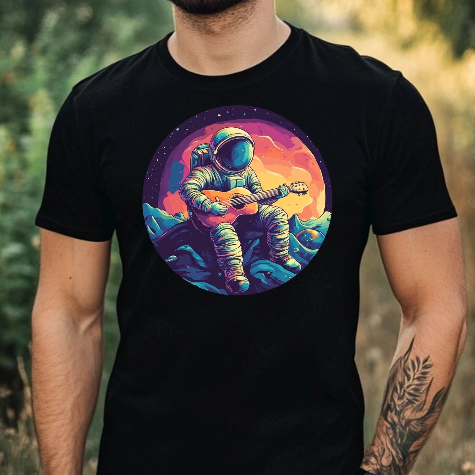 Mens Astronaut Playing Guitar Print Cotton T-Shirt Size XS to 5XL