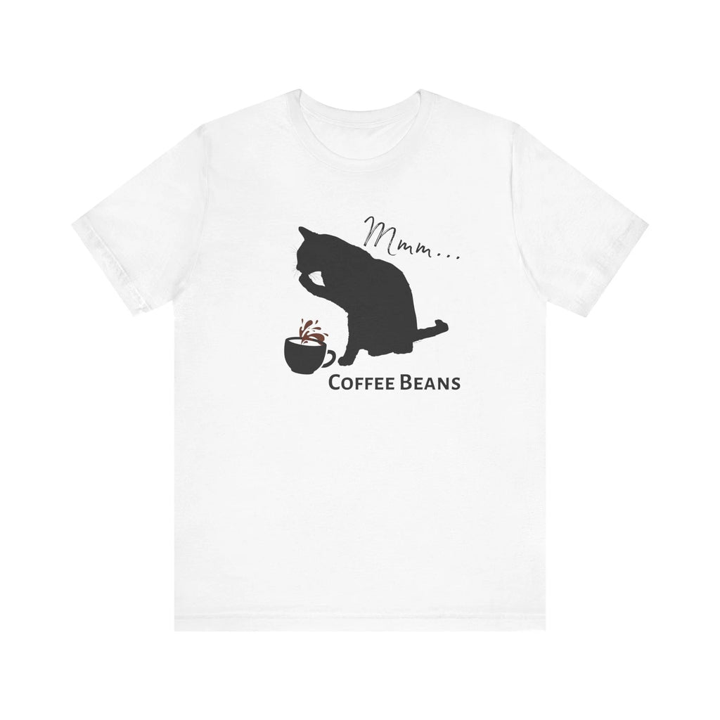 Coffee Cat Lover Shirt: Cute Cat Licking Beans Next to Coffee Cup Design