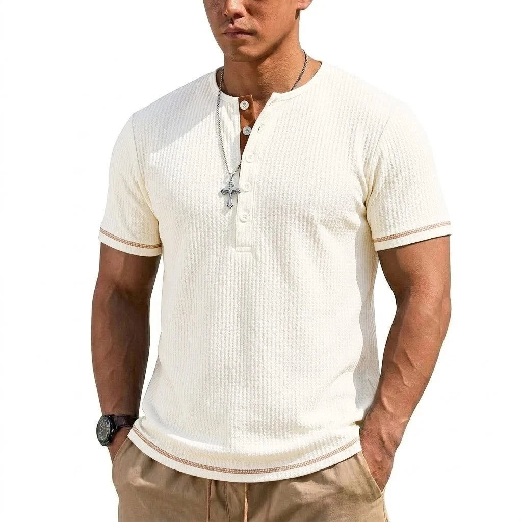 Men's Henley Collar Summer Beach T-shirt Slim Fit Casual Short Sleeve Streetwear