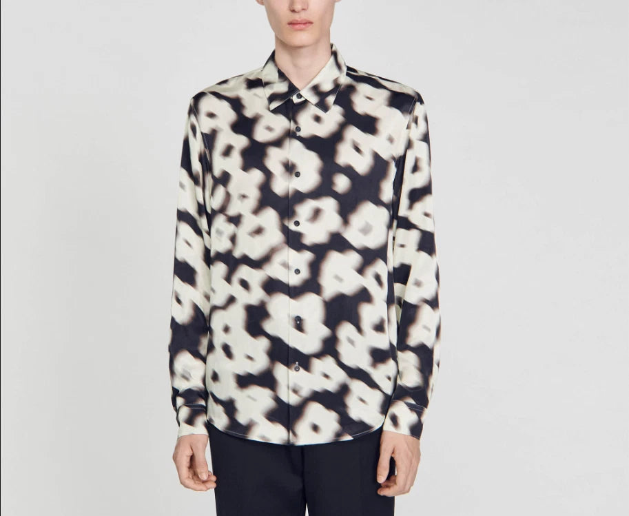 Sandro Paris Ecru Blurry Floral Print Satin Shirt Size L SHPCM01006
