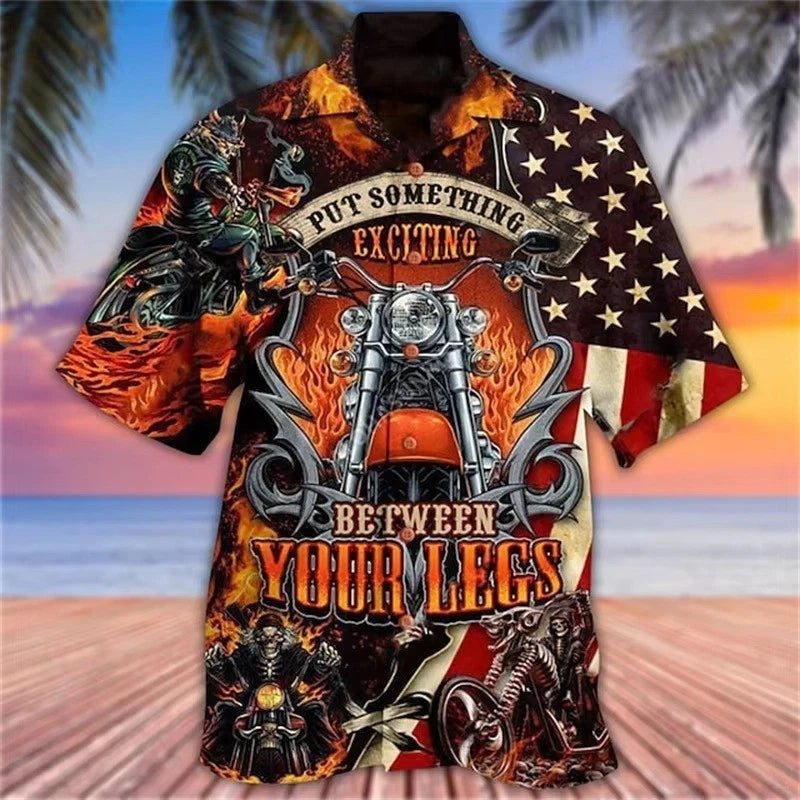 Mens Button Down Biker Motorcycle Graphic Hawaiian Top Novelty Holiday Shirt