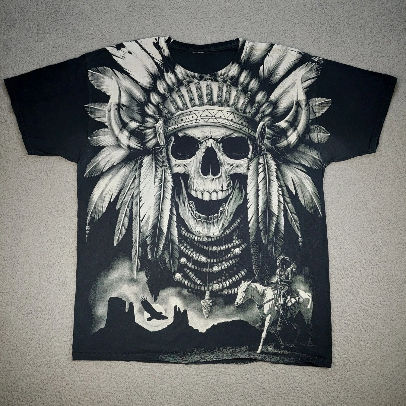 Y2k Skull Feathered Headdress Native American Nature T Shirt Men's Size Large