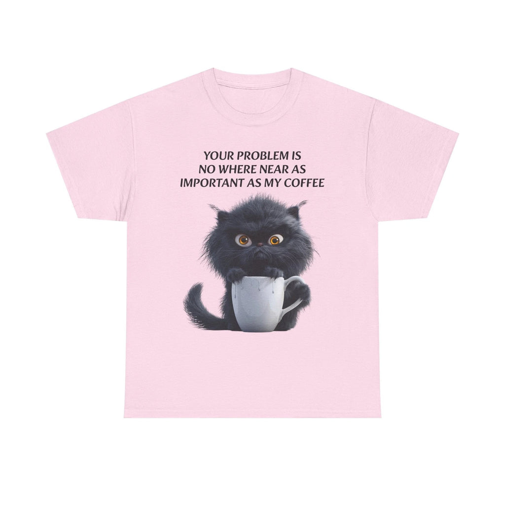 Grumpy Black Cat with Coffee T-Shirt | Funny Coffee Cat Tee