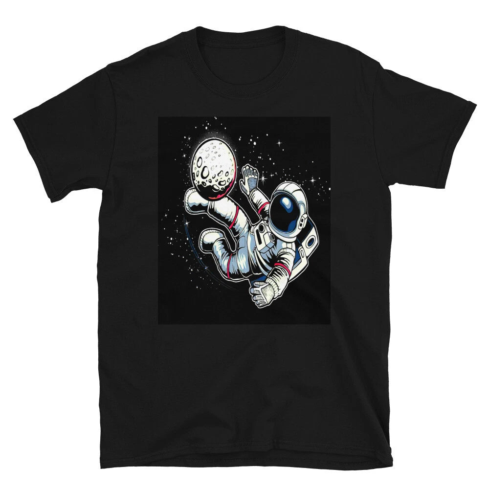 ASTRONAUT KICKING SOCCER BALL MOON FUN GRAPHIC Short-Sleeve Unisex T-Shirt