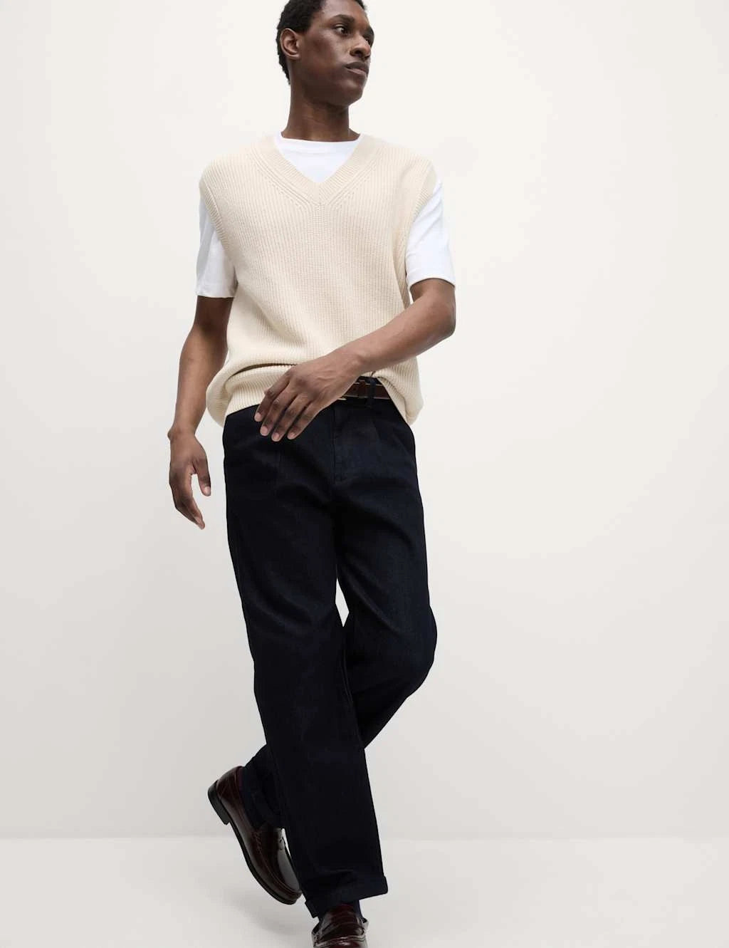 Marks & Spencer Mens Cotton Sleeveless Rib V-Neck Vest Top in Ecru - M&S