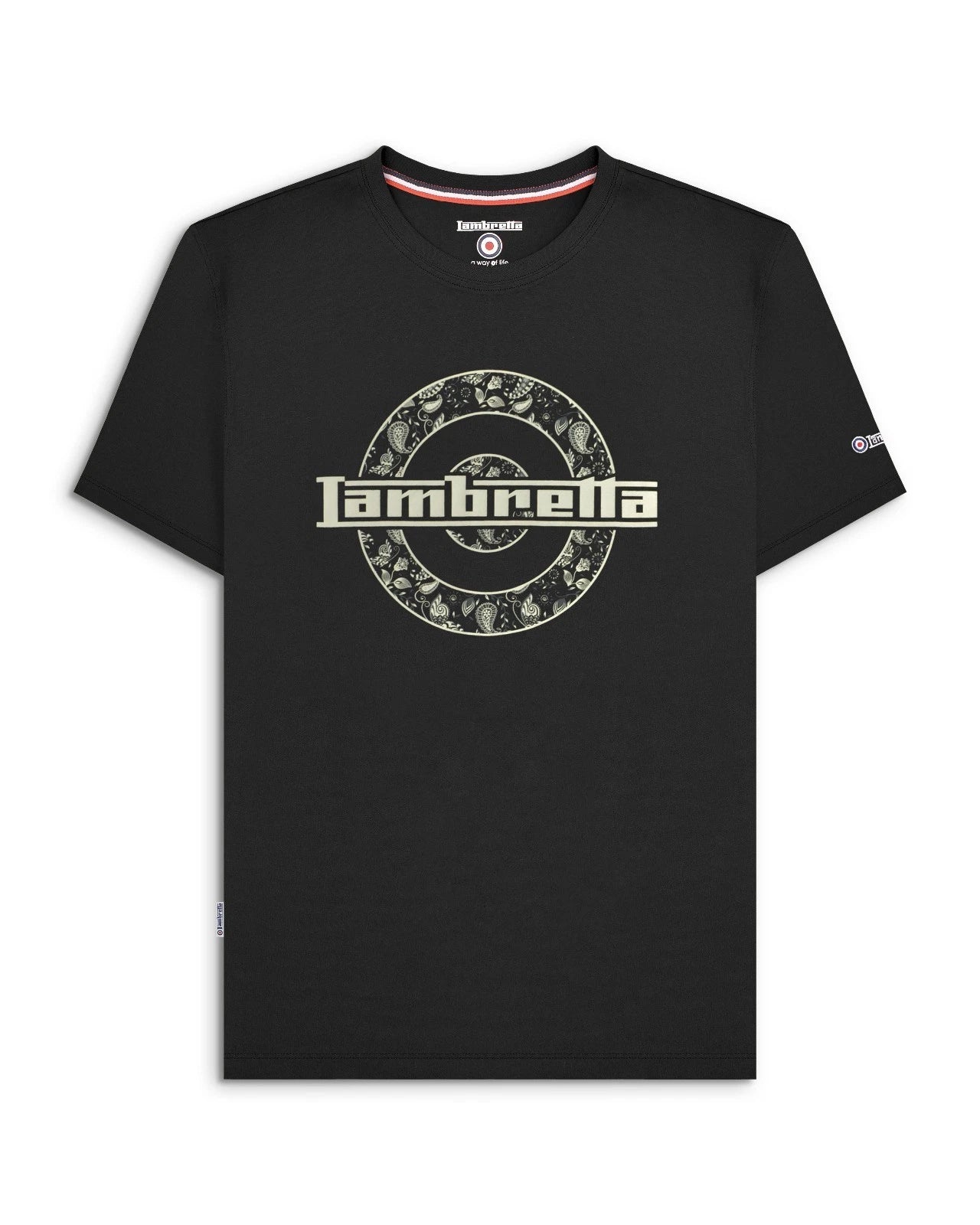 Lambretta Mens Black Paisley Target Logo Smart Classic Retro T-Shirt