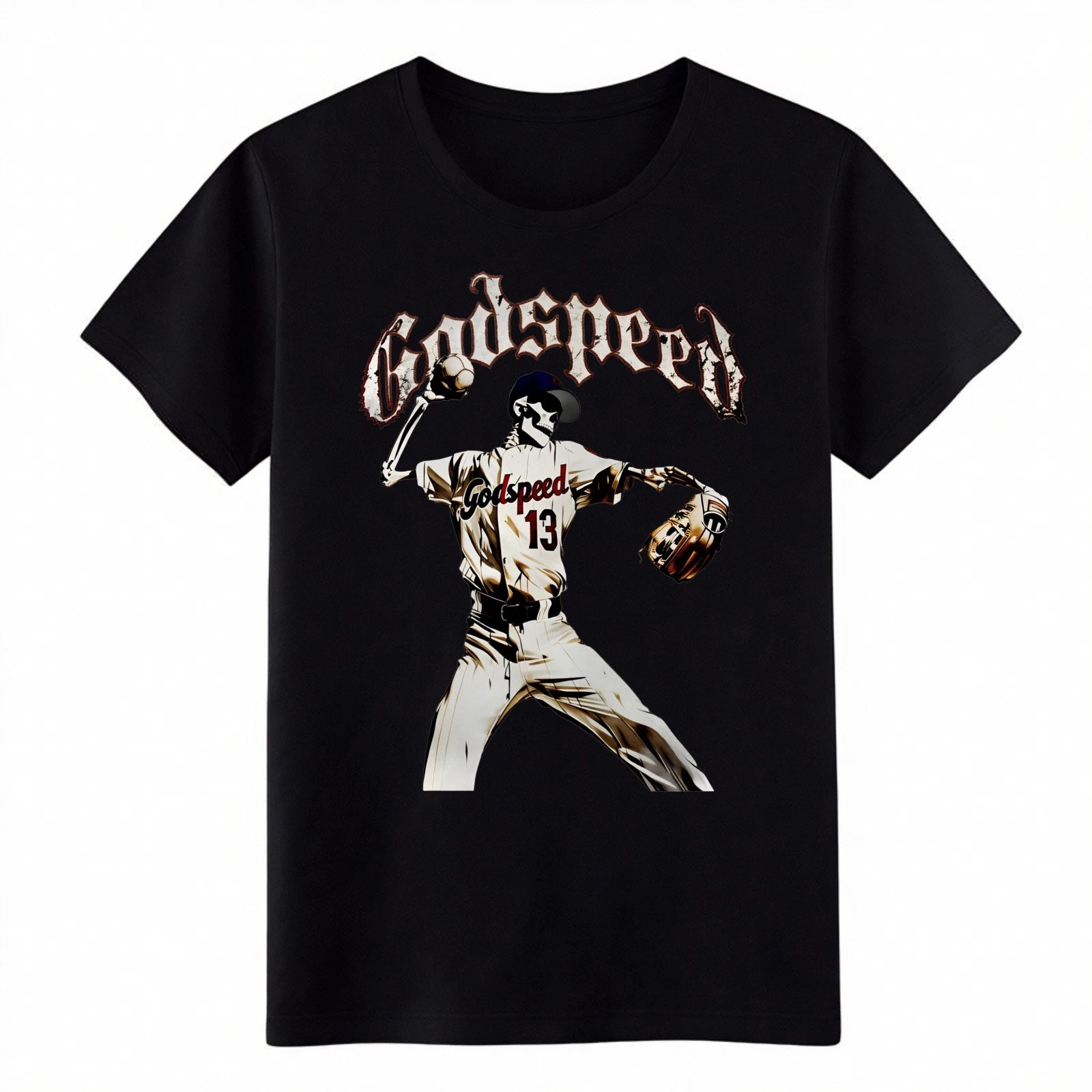 Godspeed Skeleton Baseball Pitcher T-Shirt Gothic Sports Graphic Streetwear Tee