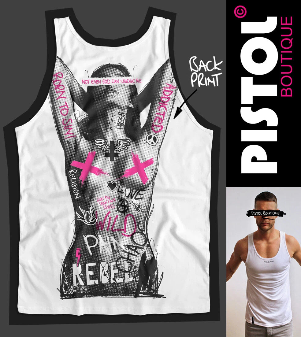 Pistol Boutique Men's White NAKED TATTOOS GIRL Back Print Vest Top Singlet Tank