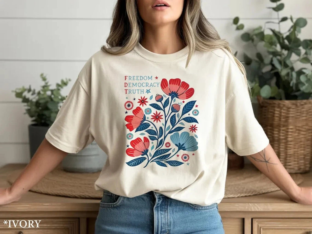Freedom Democracy Truth Shirt Red Blue Floral Wildflower Botanical Resist Tee
