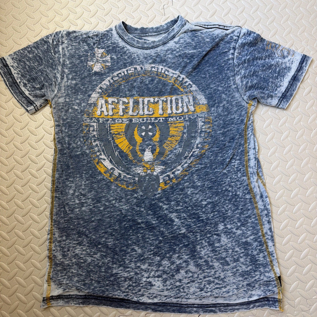 Affliction Graphic Tee Blue American Customs Garage Built Mineral Wash SZ Lg
