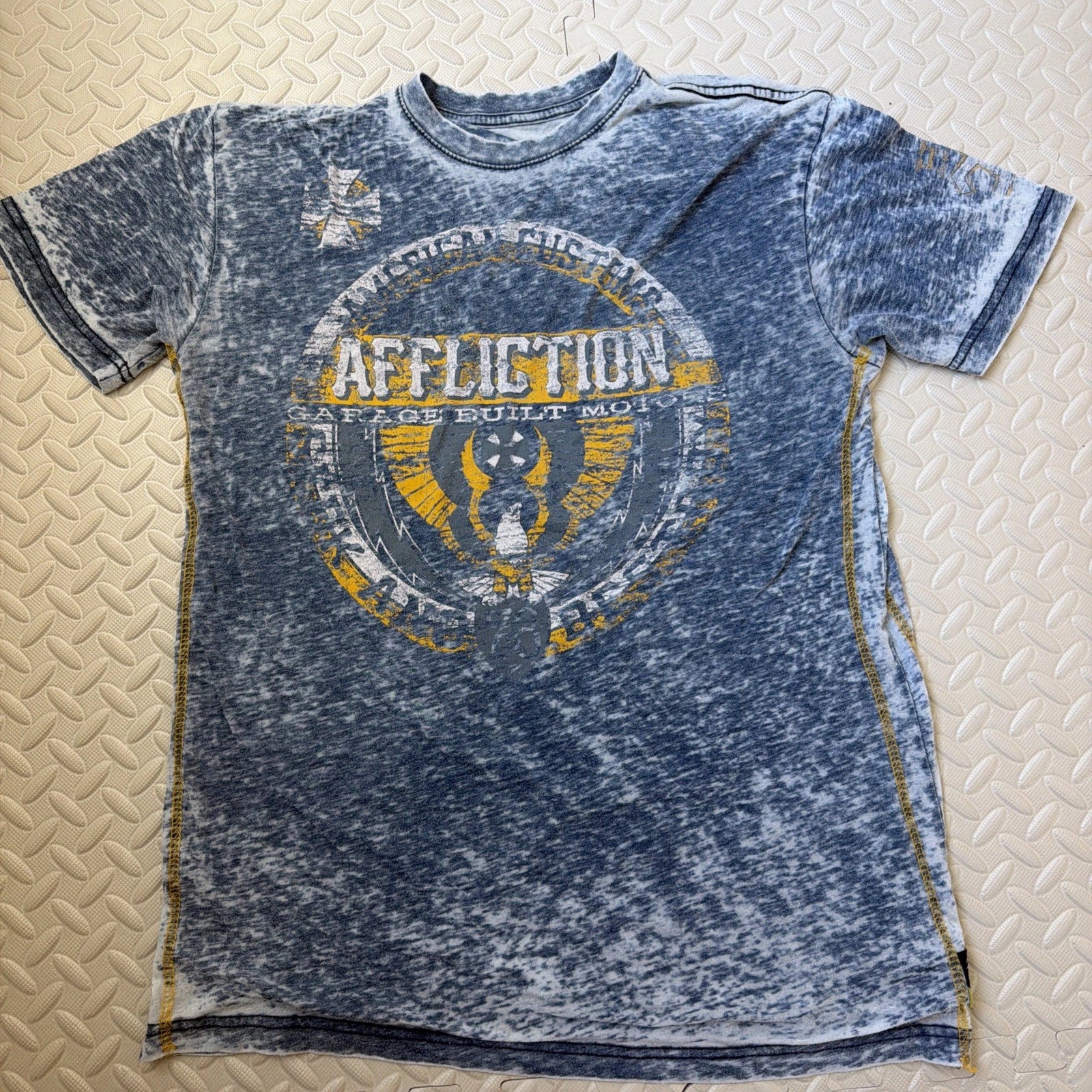 Affliction Graphic Tee Blue American Customs Garage Built Mineral Wash SZ Lg