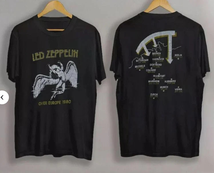 Vintage 1980 Led Zeppelin Over Europe Tour Last Concert T-Shirt New Gildan Doubl