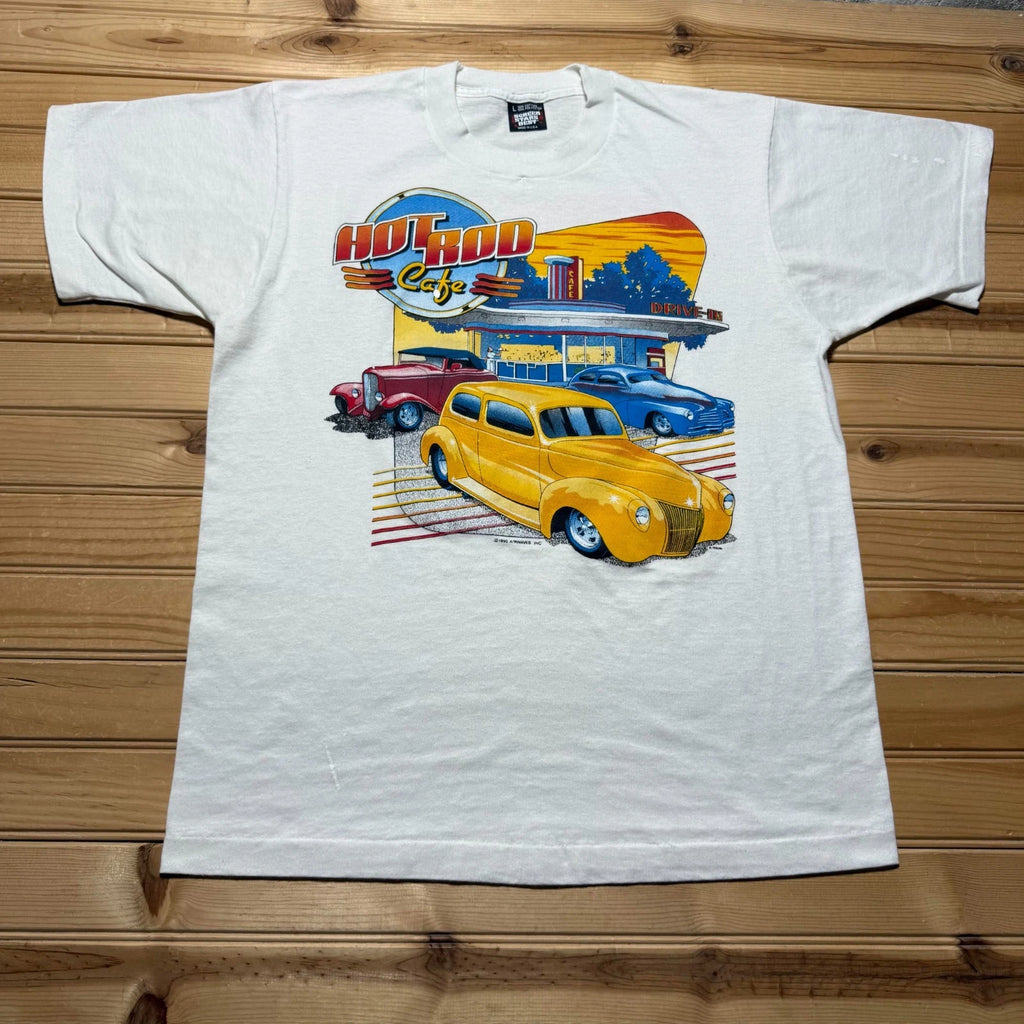 Vintage 90s Hot Rod Cafe Cruise Night 91 Classic Car Graphic T-Shirt USA - Large