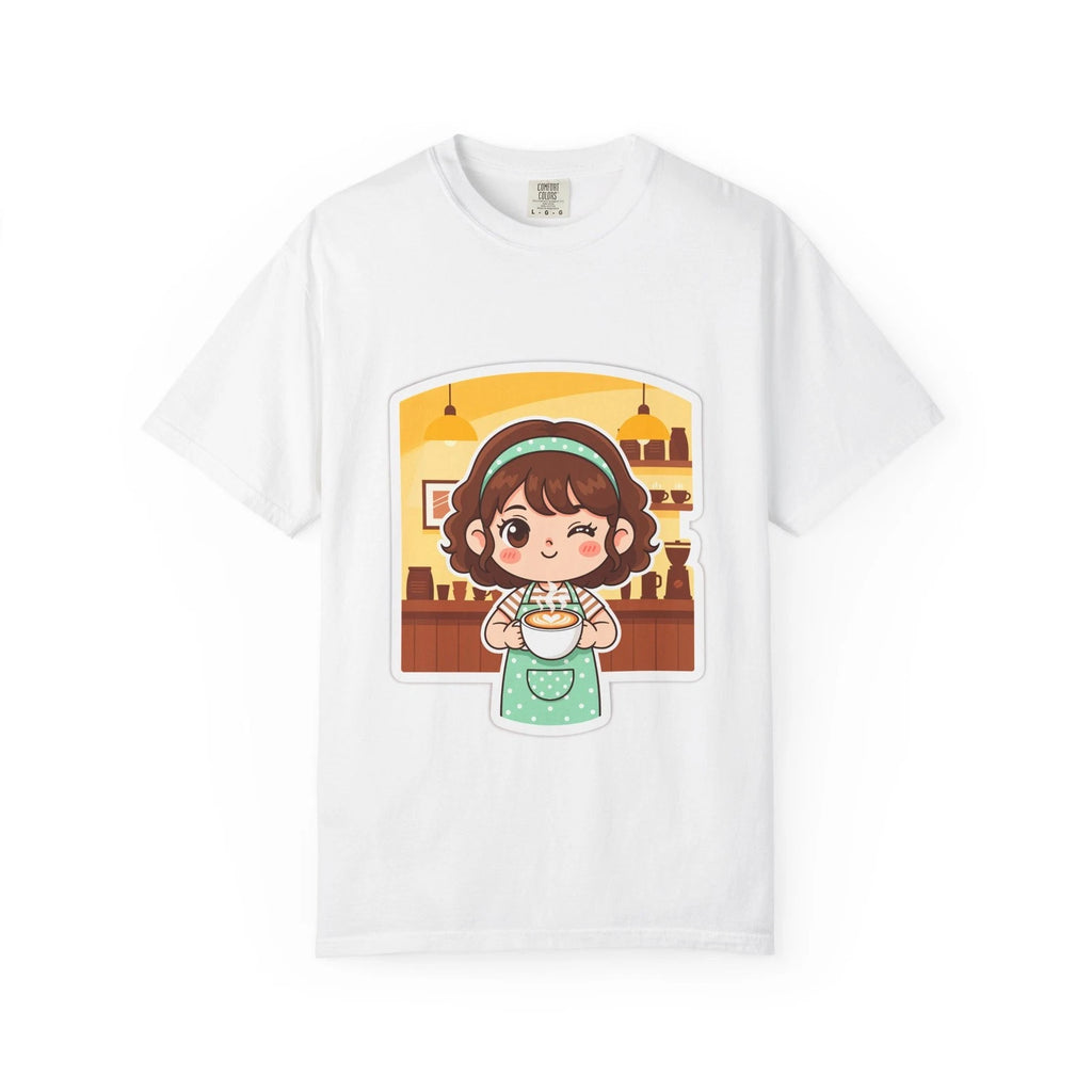 Barista T-Shirt Coffee Lover Winking Girl Cartoon Latte Art 100% Cotton Gift Tee