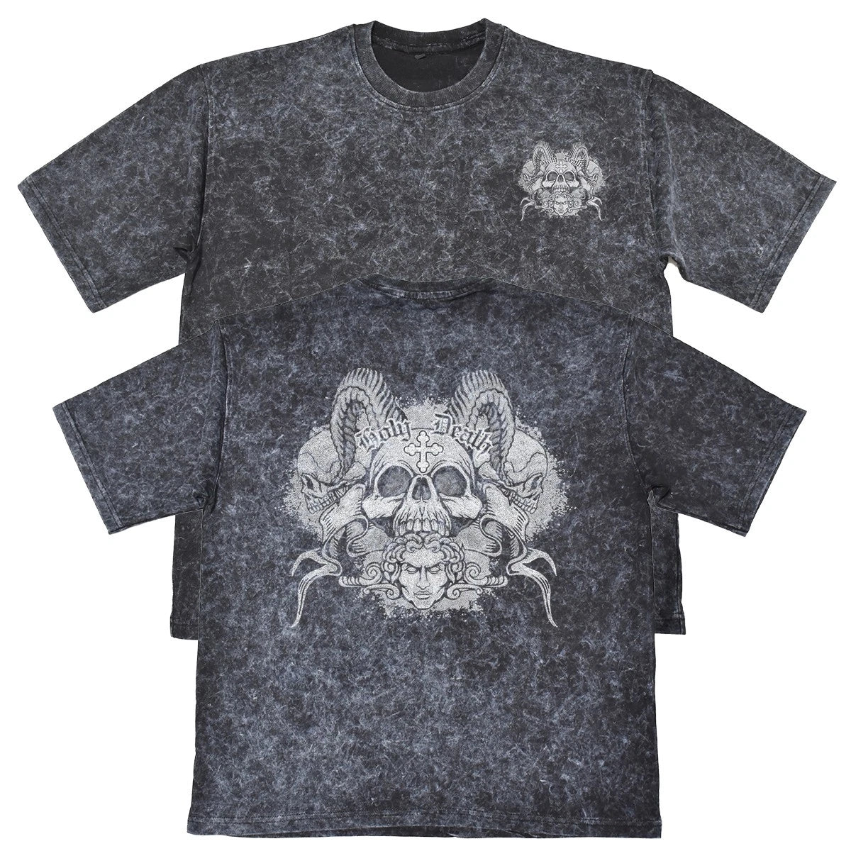 Holy Death Mens Carbon Grey Heavyweight 240gsm Vintage T-Shirt Skull Gothic