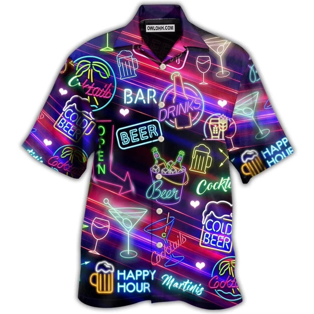 Mens Button Down Neon Bar Cocktail Sign Hawaiian Novelty Holiday Summer Shirt