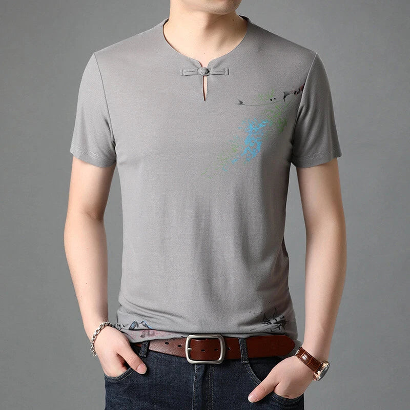 Men Polo Shirt Printed Short Sleeve Round Neck T-shirt Slim Fit Casual Tops Thin
