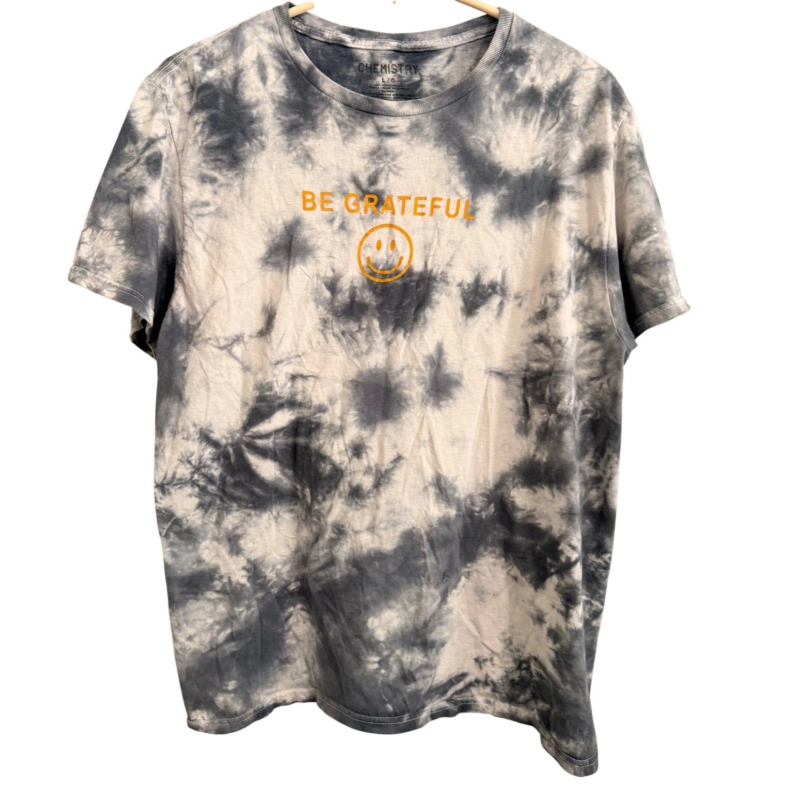 Chemistry Tie Dye T-Shirt Mens Large Blue White Be Grateful Smiley Face Graphic