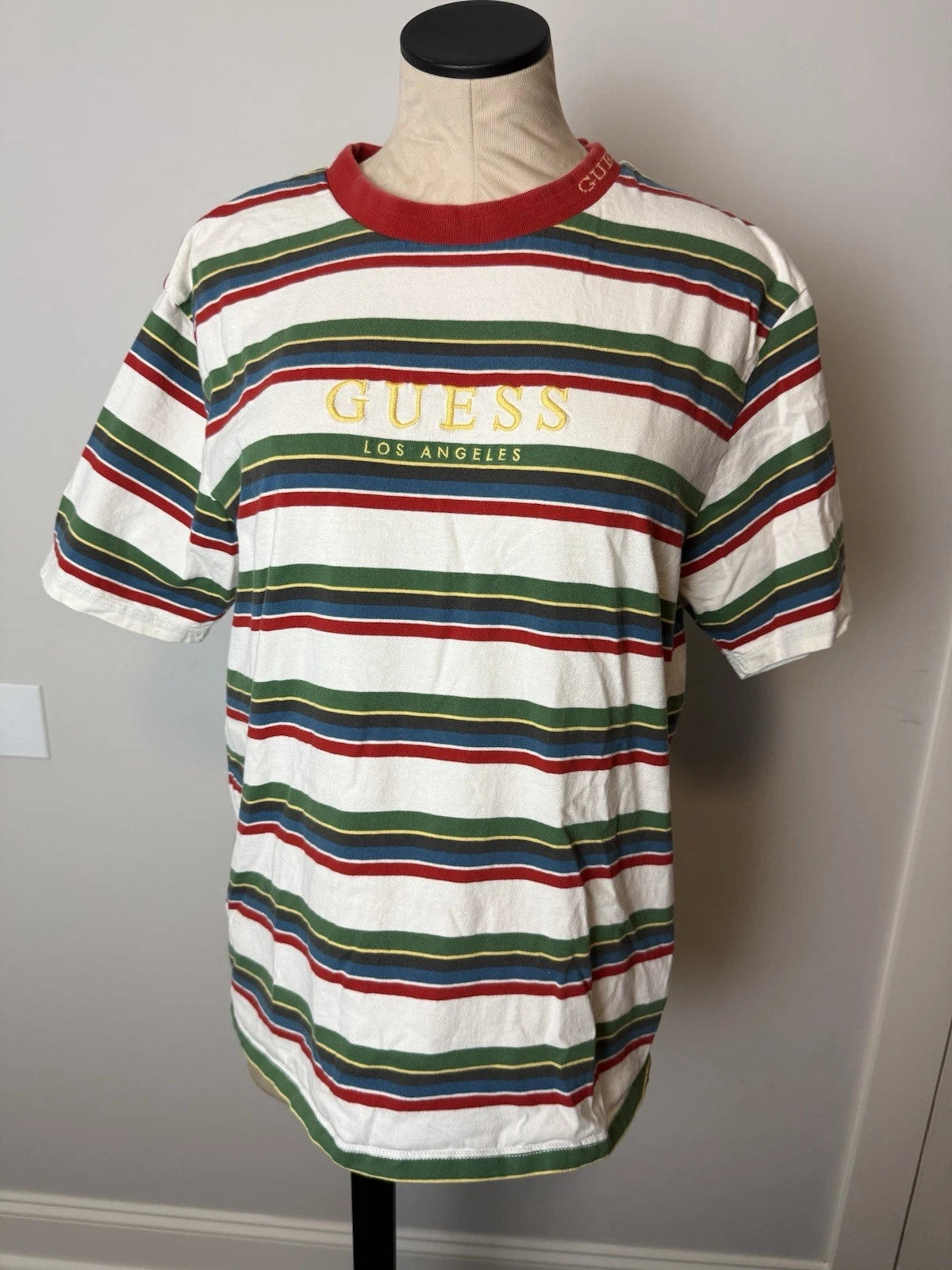 Guess Mens Tee Shirt Small Striped Embroidered Logo 90s Look Street Style