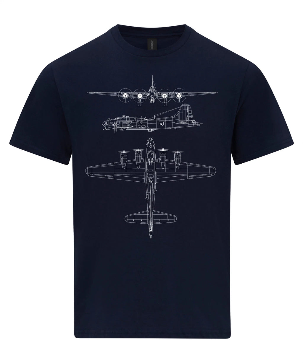 B-17 Flying Fortress T-Shirt, Technical Drawing Blueprint , Bomber Aircraft USAF