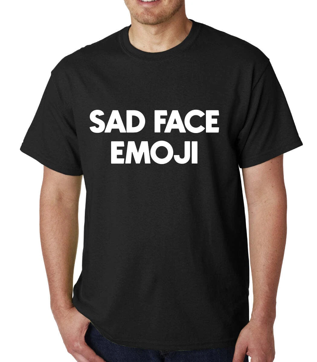 Sad Face Emoji mens t-shirt Top Tee Shirts Black Graphic Funny Quote Joke Geek