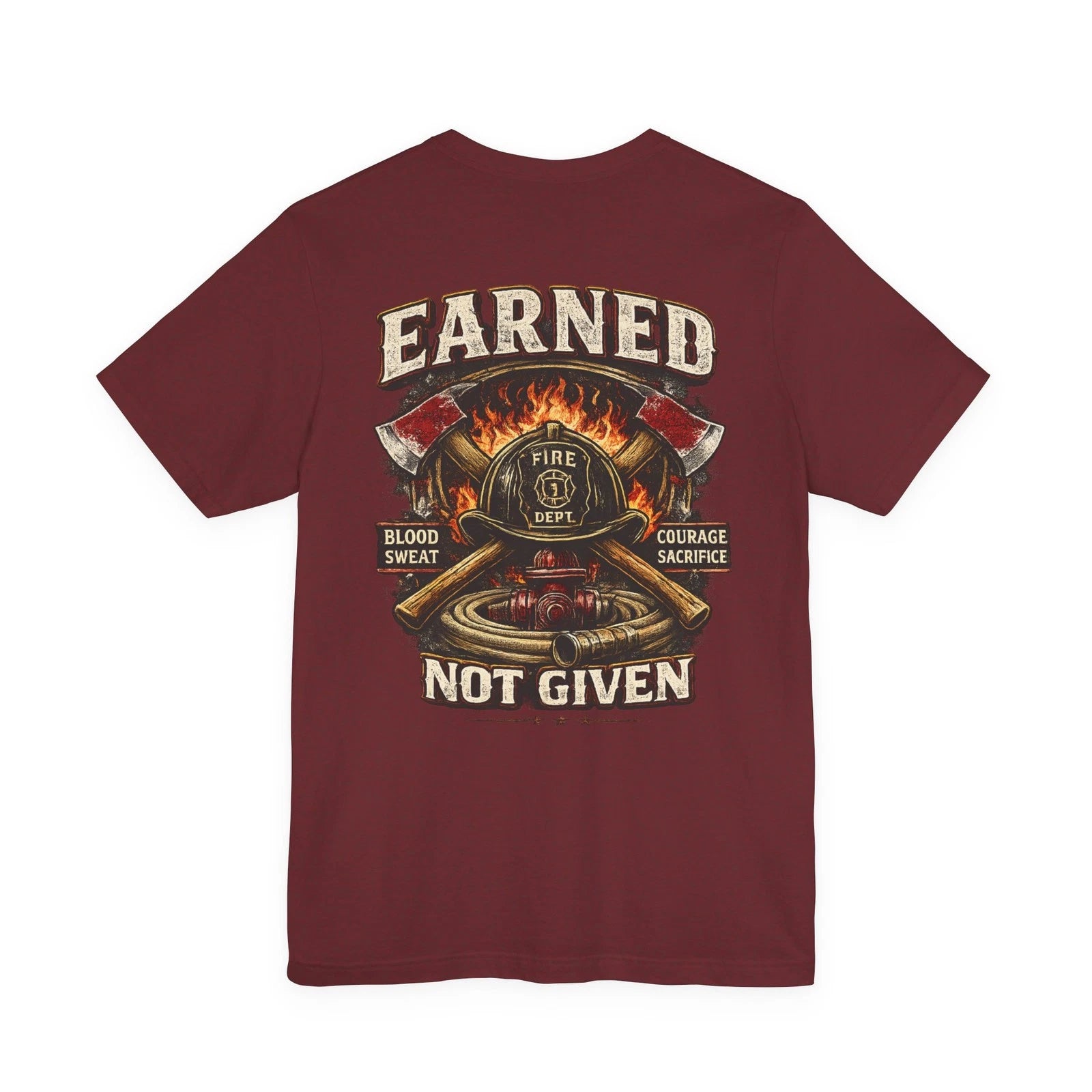 Earned Not Given Firefighter Helmet Tee | Fire Dept badge, axes, flames