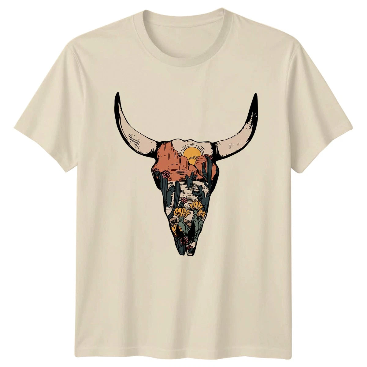 Boho Cow Skull Desert Cactus Flower Womens T-Shirt Southwest Western