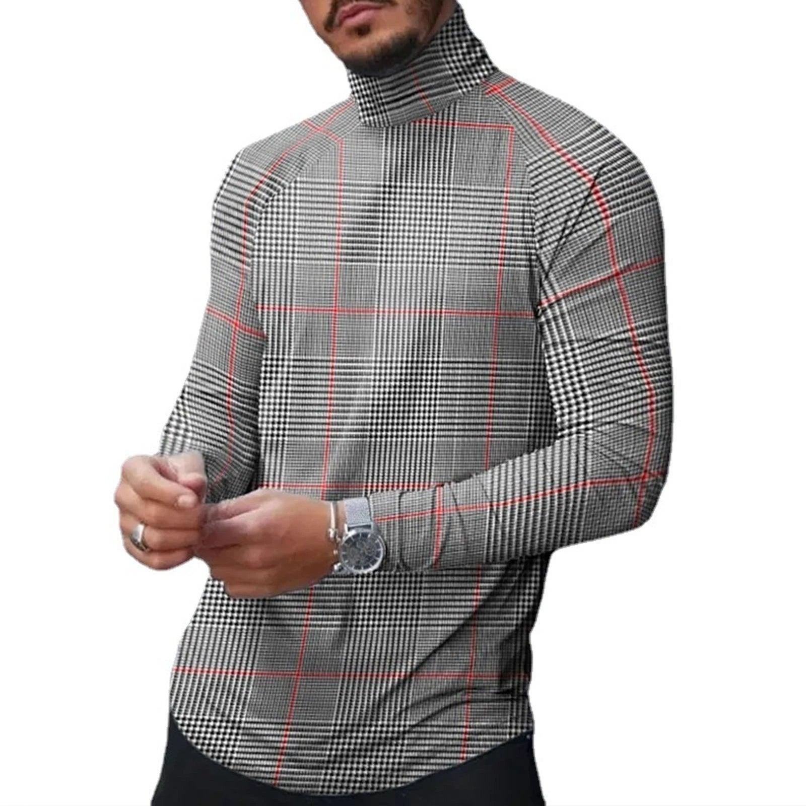Men Plaid T Shirt High Collar Slim Fit For Casual Wear 100% Polyester Excellent