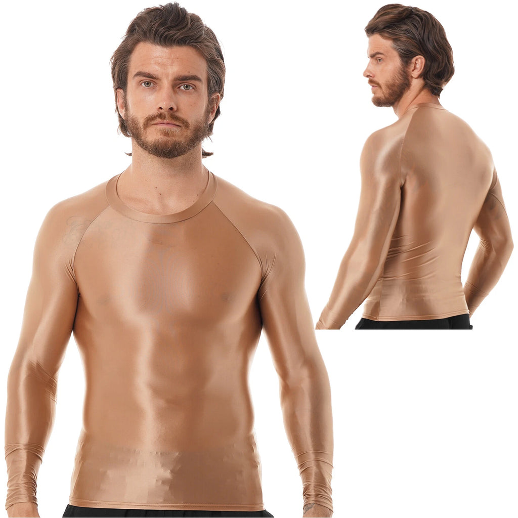 Men's Shiny Long Sleeve Shirts Sportswear Gym Sheer Compression T-Shirt Tops