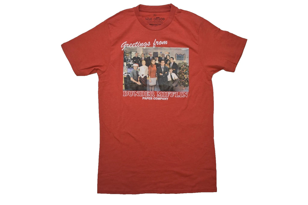 The Office Mens Greetings From Dunder Mifflin Christmas Card Red Shirt NWT Small