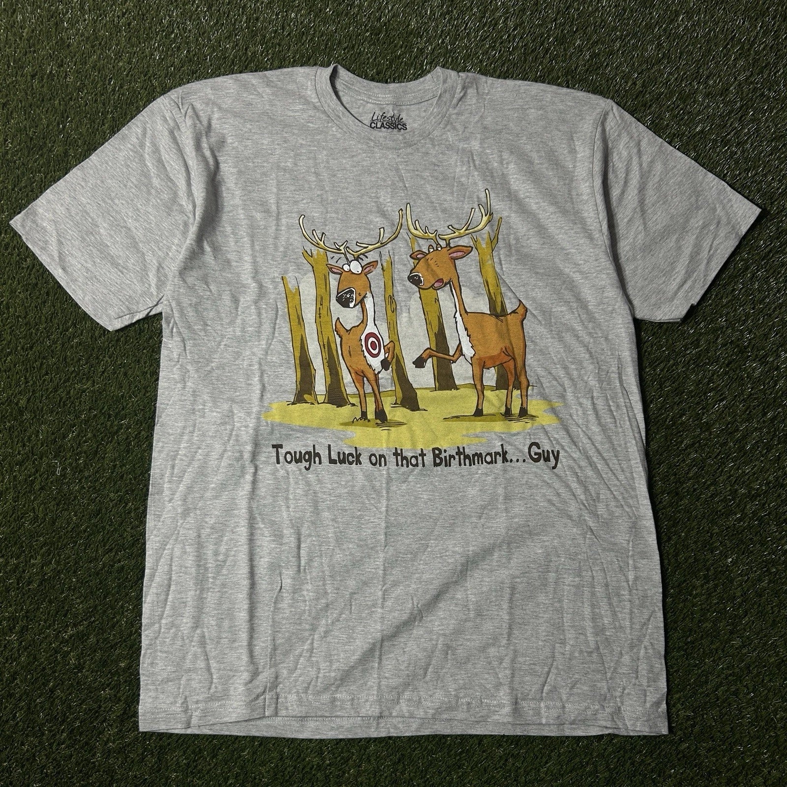 Y2K Funny Deer Bullseye Birthmark Graphic T-Shirt L