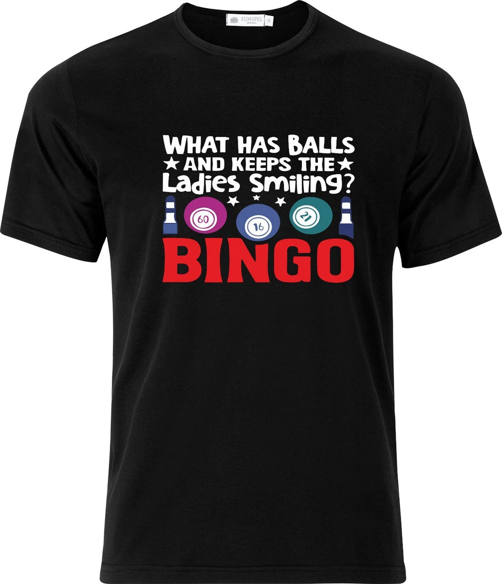 What has balls and keeps the Ladies Smiling BINGO DTF Full Color Cotton T shirt