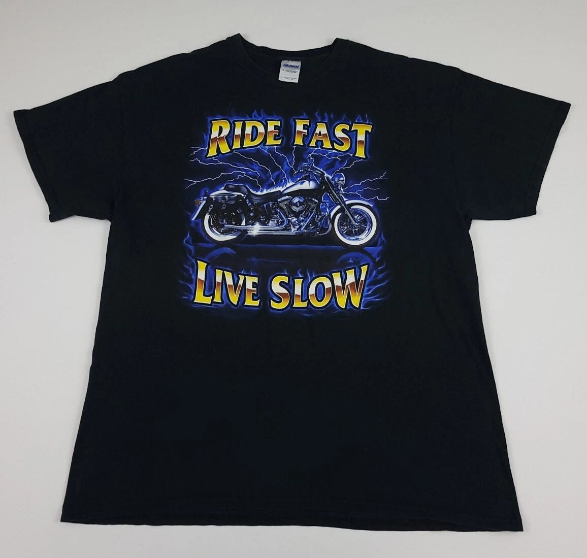 Vintage Y2k Ride Fast Live Slow Multicolor Motorcycle Bike Print Shirt Vtg Sport