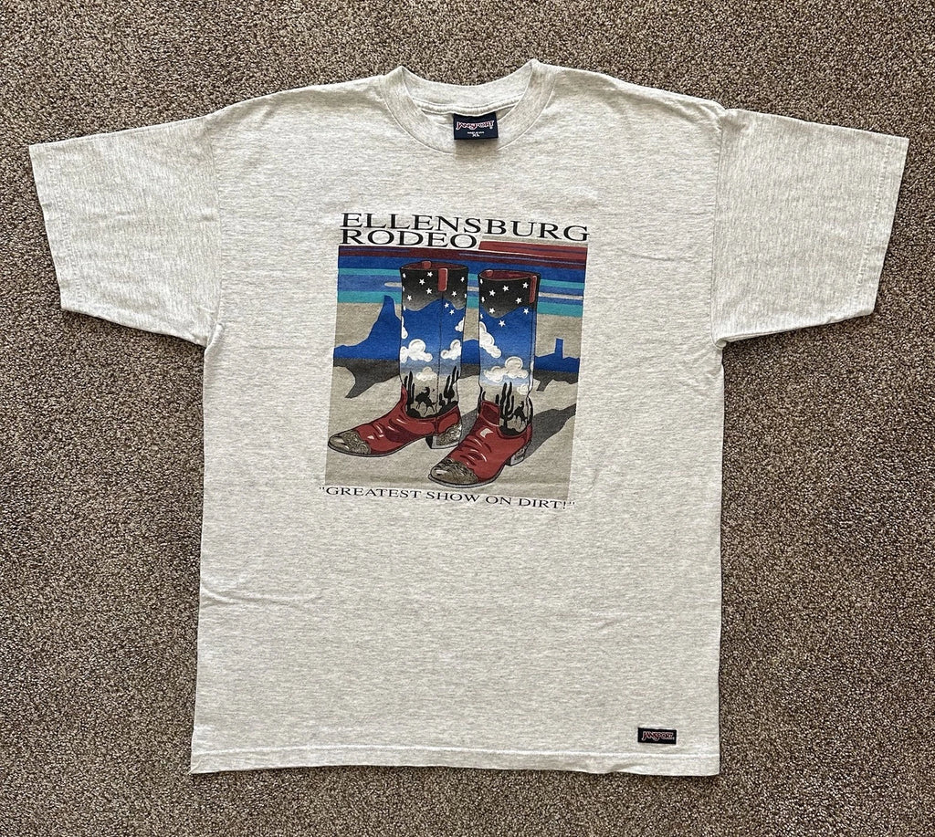 Vintage Jansport Ellensburg Rodeo Heather Gray Cowboy Boot T-Shirt XL USA MADE