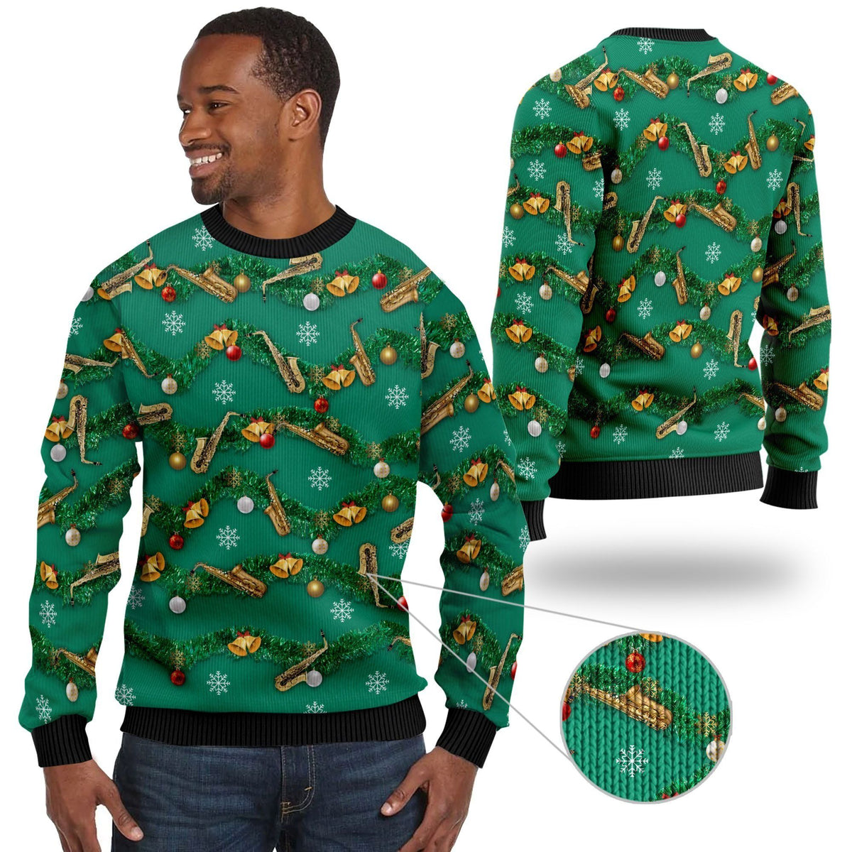 Saxophones Tinsel Christmas Decoration Ugly Christmas Sweater For Sax Players And Instrument Lovers On Christmas Days