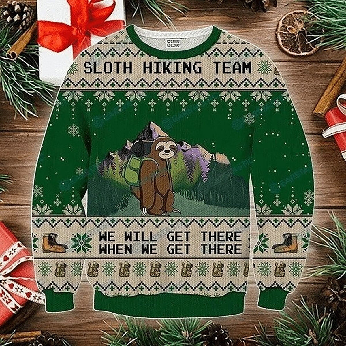 Sloth Hiking Team Ugly Christmas Sweater