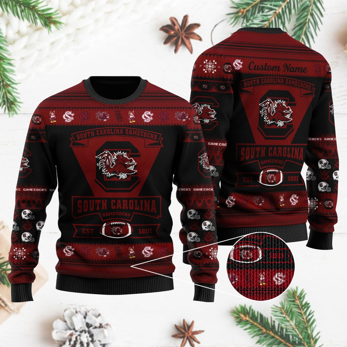 South Carolina Gamecocks Football Team Logo Custom Name Personalized Ugly Christmas Sweater Holiday Party Men Women Plus Size