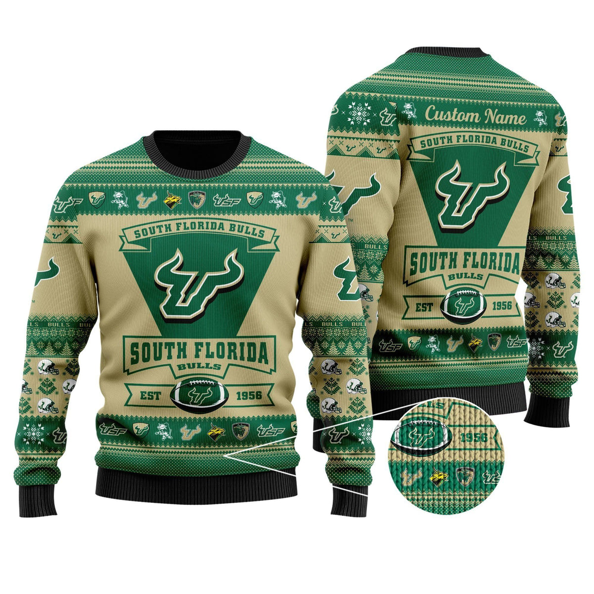 South Florida Bulls Football Team Logo Custom Name Personalized Ugly Christmas Sweater Holiday Party Men Women Plus Size