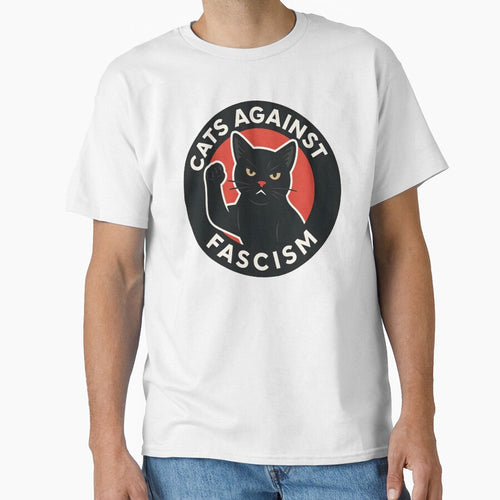 "Cats Against Fascism" Black Sticker with White Text & Red Circle – Bold Protest Cat Design by WAUZ
