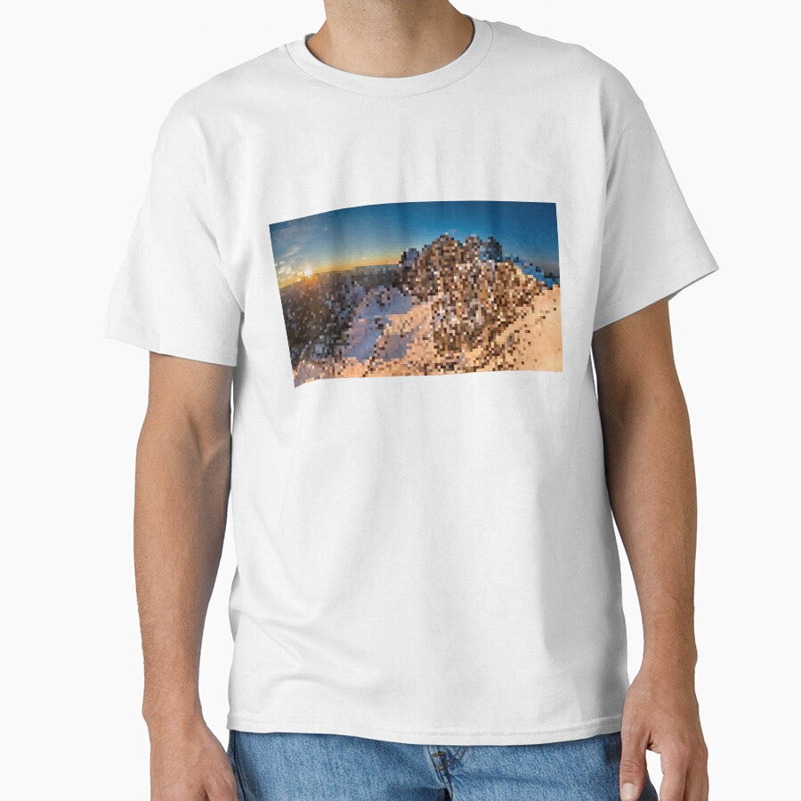 Pixelated Snowy Mountain Sunrise Scene by Potato Quality Prints