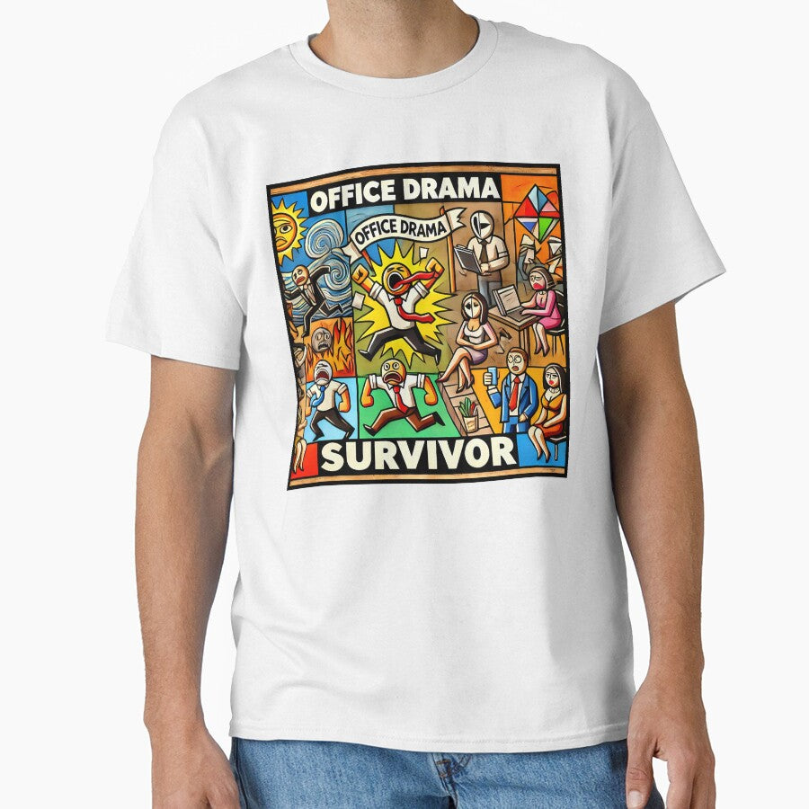 Office Drama Survivor – Funny Cubism Art T-Shirt by OzzFrequency