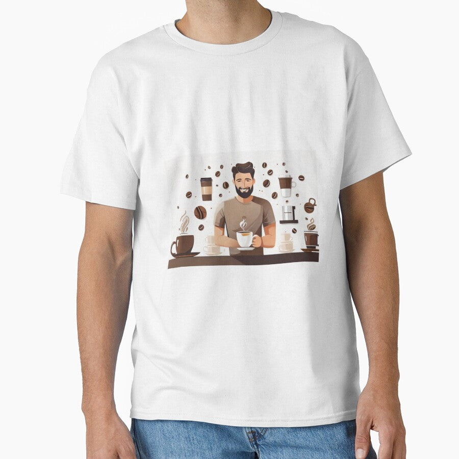Happy Man with Floating Coffee T-Shirt - Funny Coffee Lover Graphic Tee by HiveMechs
