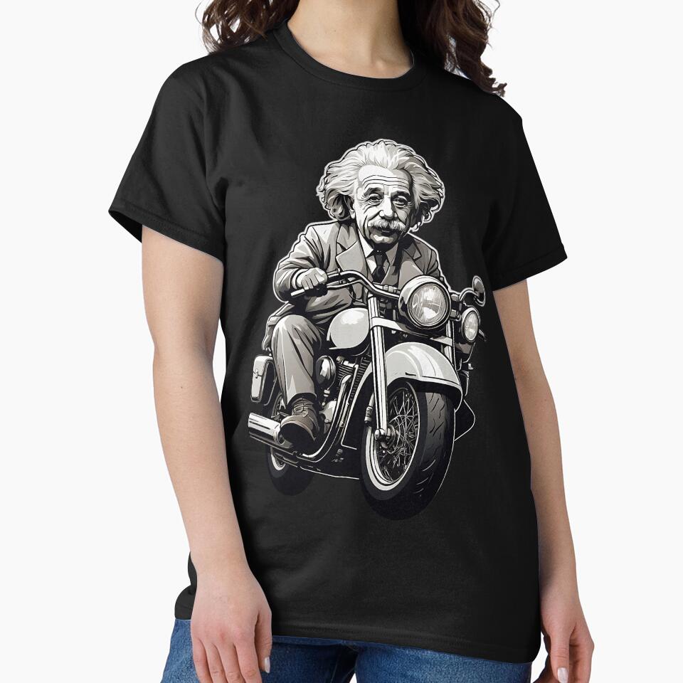 "Ride the Genius: Monochromatic Einstein on a Motorcycle Sticker" by ShadeScapeArt