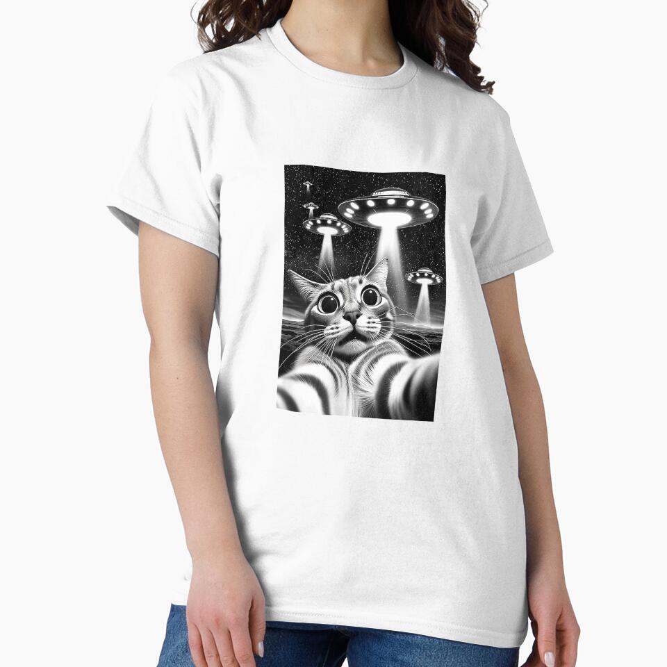 Cat UFO  Funny Invasion Meme Retro Alien Cat UFO Selfie T-Shirt by kevincuellar